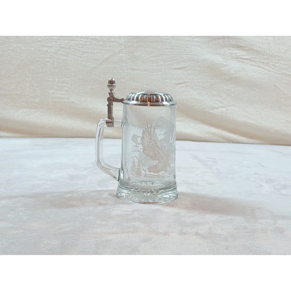 Vintage Etched Glass Beer‎ Stein with Metal Lid Eagle Wildlife Mountain Design